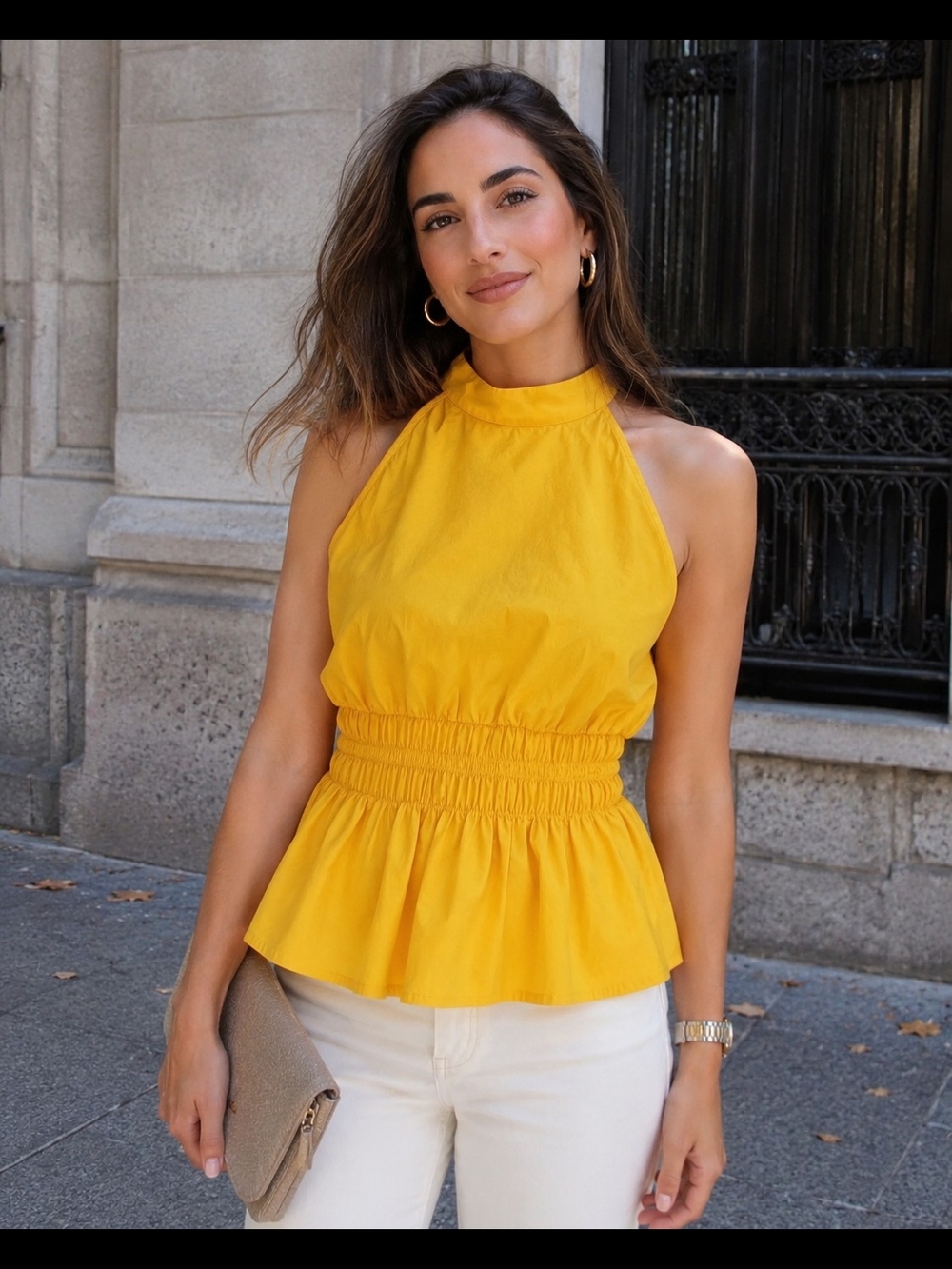 White House Black Market Yellow Halter Peplum Camisole